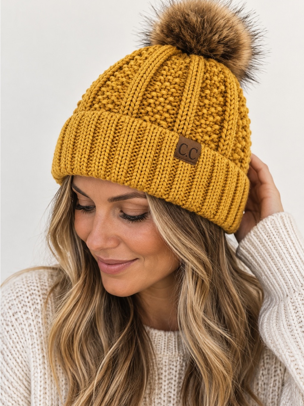 C.C Women,s Golden Yellow Pom-Pom Knit Beanie